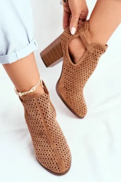 Boto Botki Wiosenne|Botki Na Słupku*Botki Damskie Na Słupku Zamszowe Ażurowe Camel Morrena