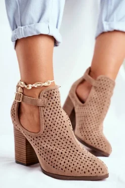 Best Boto Botki Damskie Na Słupku Zamszowe Ażurowe Beżowe Morrena