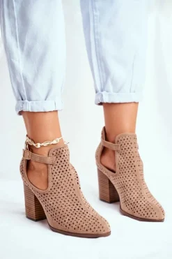 Best Boto Botki Damskie Na Słupku Zamszowe Ażurowe Beżowe Morrena