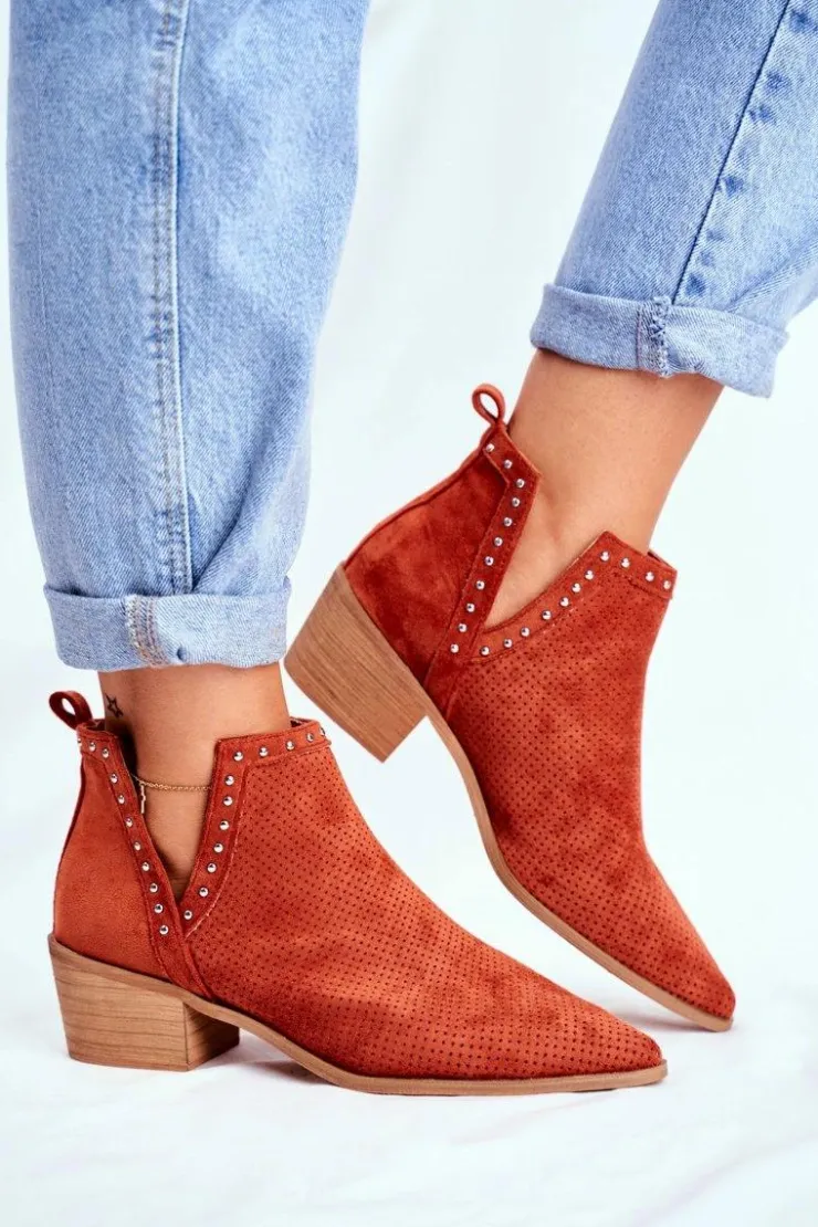 Hot Boto Botki Damskie Na Słupku Zamszowe Ażurowe Pomarańczowe Margate