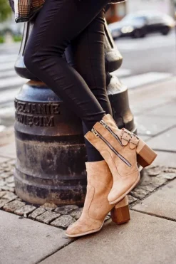 Damskie Boto Botki Damskie Na Słupku Zamszowe Beżowe Anabelle