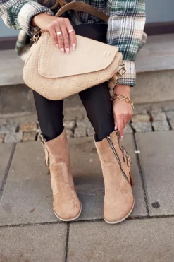 Damskie Boto Botki Damskie Na Słupku Zamszowe Beżowe Anabelle