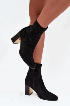 Hot Boto Botki Damskie Na Słupku Ze Złotym Elementem Ocieplane Czarne Amelisse