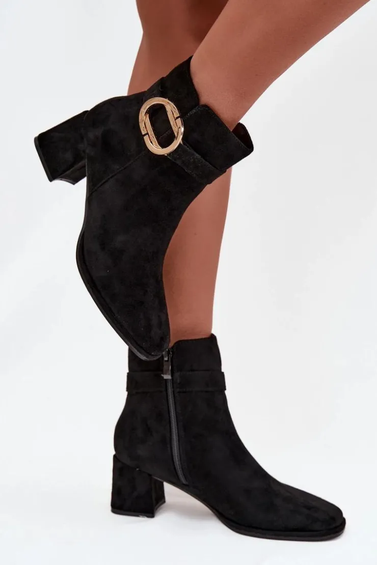 Boto Botki Na Słupku|Botki Zimowe Damskie*Botki Damskie Na Słupku Ze Złotą Klamrą Czarne Calissa