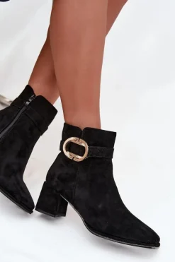 Boto Botki Na Słupku|Botki Zimowe Damskie*Botki Damskie Na Słupku Ze Złotą Klamrą Czarne Calissa