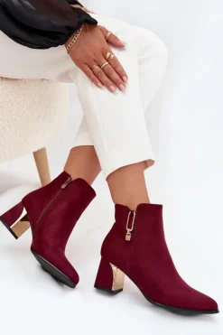 Damskie Boto Botki Damskie Na Słupku Ze Złotymi Detalami Bordowe Kalivra