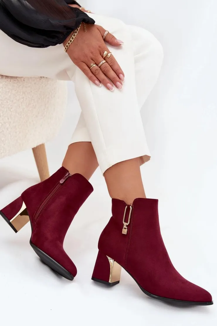 Damskie Boto Botki Damskie Na Słupku Ze Złotymi Detalami Bordowe Kalivra