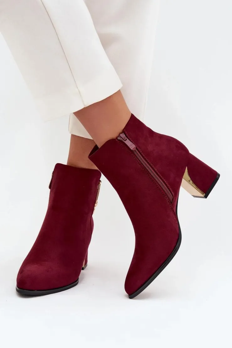 Damskie Boto Botki Damskie Na Słupku Ze Złotymi Detalami Bordowe Kalivra