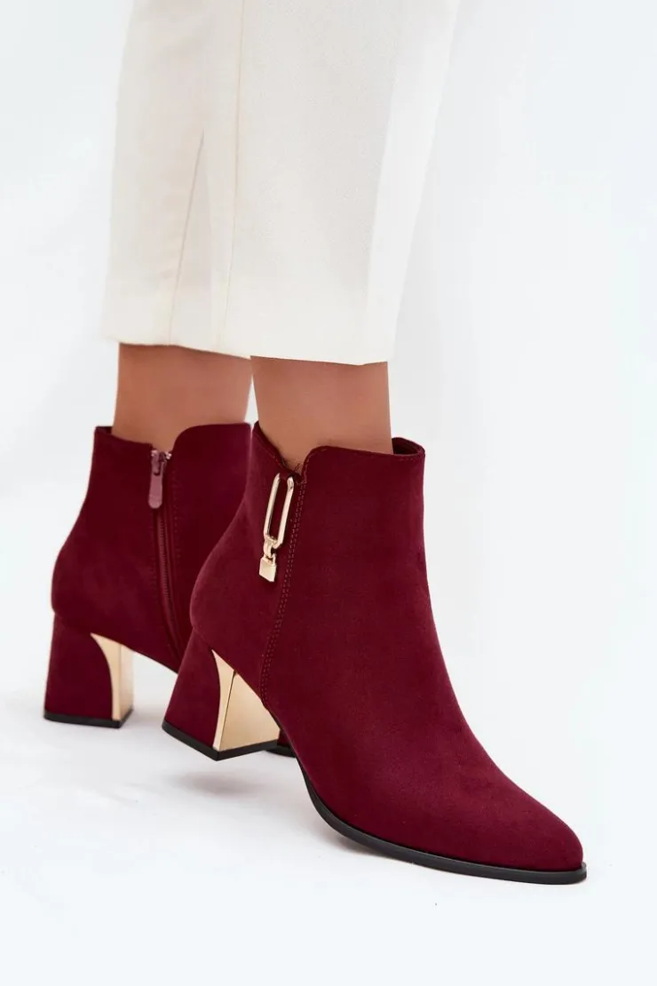 Damskie Boto Botki Damskie Na Słupku Ze Złotymi Detalami Bordowe Kalivra