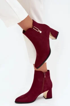 Damskie Boto Botki Damskie Na Słupku Ze Złotymi Detalami Bordowe Kalivra