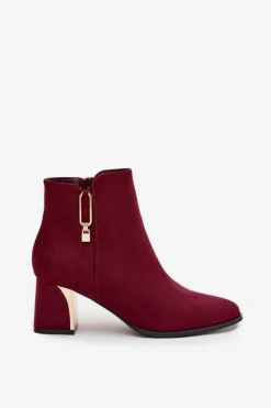 Damskie Boto Botki Damskie Na Słupku Ze Złotymi Detalami Bordowe Kalivra