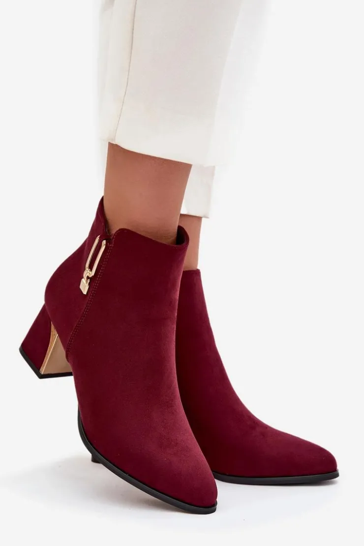 Damskie Boto Botki Damskie Na Słupku Ze Złotymi Detalami Bordowe Kalivra