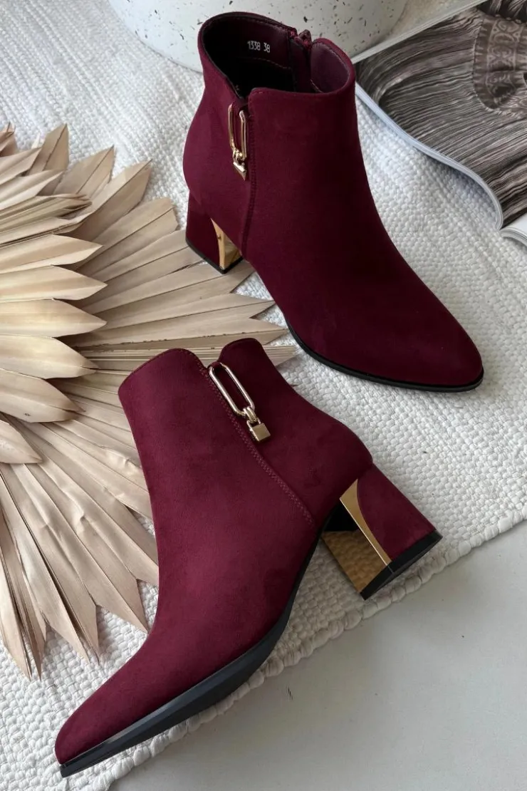 Damskie Boto Botki Damskie Na Słupku Ze Złotymi Detalami Bordowe Kalivra