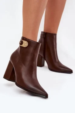 Boto Botki Ocieplane|Botki Na Słupku*Botki Damskie Na Słupku Ze Złotym Detalem Czekoladowe Tharina Brązowy