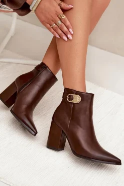 Boto Botki Ocieplane|Botki Na Słupku*Botki Damskie Na Słupku Ze Złotym Detalem Czekoladowe Tharina Brązowy