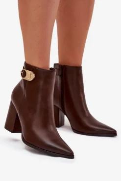 Boto Botki Ocieplane|Botki Na Słupku*Botki Damskie Na Słupku Ze Złotym Detalem Czekoladowe Tharina Brązowy