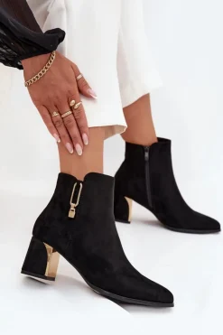 Clearance Boto Botki Damskie Na Słupku Ze Złotymi Detalami Czarne Kalivra Czarny