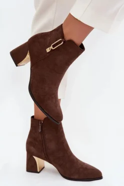 Best Boto Botki Damskie Na Słupku Ze Złotymi Detalami Brązowe Kalivra