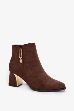 Best Boto Botki Damskie Na Słupku Ze Złotymi Detalami Brązowe Kalivra