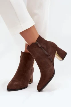 Best Boto Botki Damskie Na Słupku Ze Złotymi Detalami Brązowe Kalivra