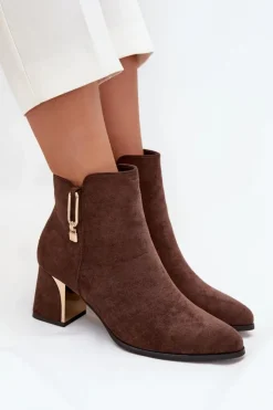 Best Boto Botki Damskie Na Słupku Ze Złotymi Detalami Brązowe Kalivra