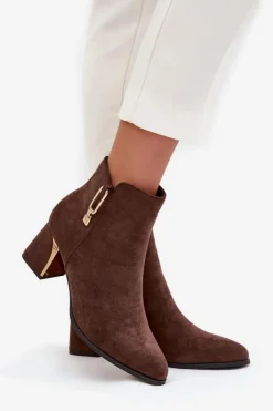 Best Boto Botki Damskie Na Słupku Ze Złotymi Detalami Brązowe Kalivra