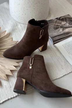 Best Boto Botki Damskie Na Słupku Ze Złotymi Detalami Brązowe Kalivra