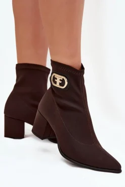 Zazoo Botki Na Słupku|Brązowe I Beżowe Botki*Botki Damskie Na Słupku Ze Złotym Detalem 3128 Czekoladowe Brązowy