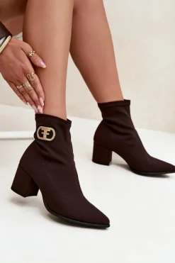 Zazoo Botki Na Słupku|Brązowe I Beżowe Botki*Botki Damskie Na Słupku Ze Złotym Detalem 3128 Czekoladowe Brązowy