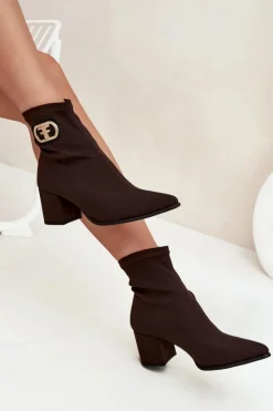 Zazoo Botki Na Słupku|Brązowe I Beżowe Botki*Botki Damskie Na Słupku Ze Złotym Detalem 3128 Czekoladowe Brązowy