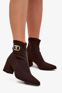 Zazoo Botki Na Słupku|Brązowe I Beżowe Botki*Botki Damskie Na Słupku Ze Złotym Detalem 3128 Czekoladowe Brązowy