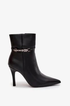 Damskie Boto Botki Damskie Na Szpilce Z Paskiem I Srebrnym Elementem Ocieplane Czarne Bellisse