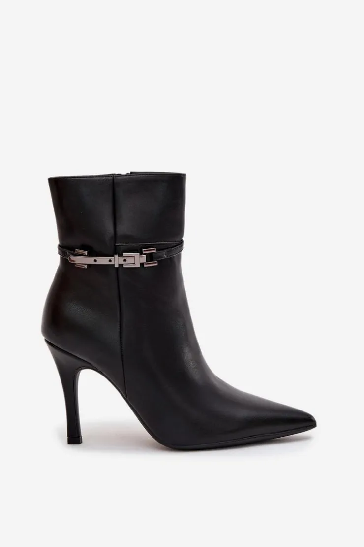 Damskie Boto Botki Damskie Na Szpilce Z Paskiem I Srebrnym Elementem Ocieplane Czarne Bellisse