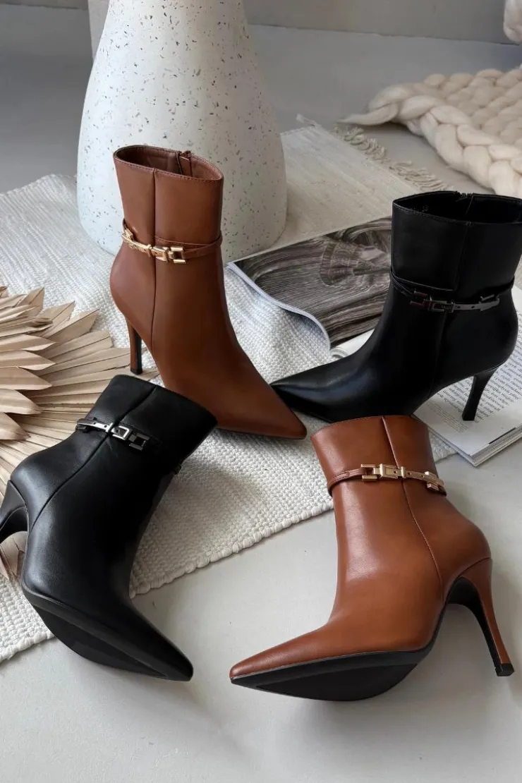 Damskie Boto Botki Damskie Na Szpilce Z Paskiem I Srebrnym Elementem Ocieplane Czarne Bellisse