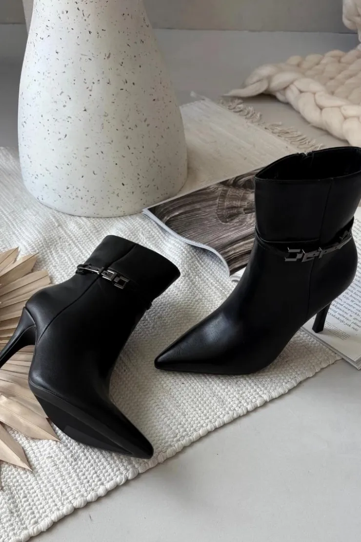 Damskie Boto Botki Damskie Na Szpilce Z Paskiem I Srebrnym Elementem Ocieplane Czarne Bellisse