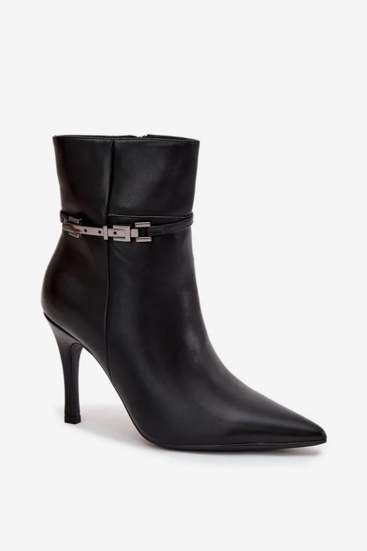 Damskie Boto Botki Damskie Na Szpilce Z Paskiem I Srebrnym Elementem Ocieplane Czarne Bellisse