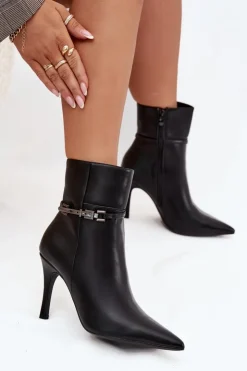 Damskie Boto Botki Damskie Na Szpilce Z Paskiem I Srebrnym Elementem Ocieplane Czarne Bellisse