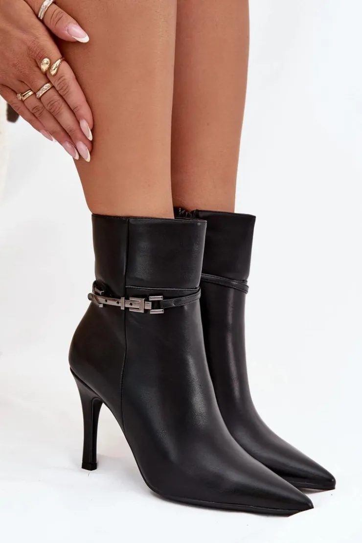 Damskie Boto Botki Damskie Na Szpilce Z Paskiem I Srebrnym Elementem Ocieplane Czarne Bellisse