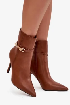 Boto Botki Ocieplane|Botki Na Obcasie*Botki Damskie Na Szpilce Z Paskiem I Złotym Elementem Ocieplane Camel Bellisse Brązowy