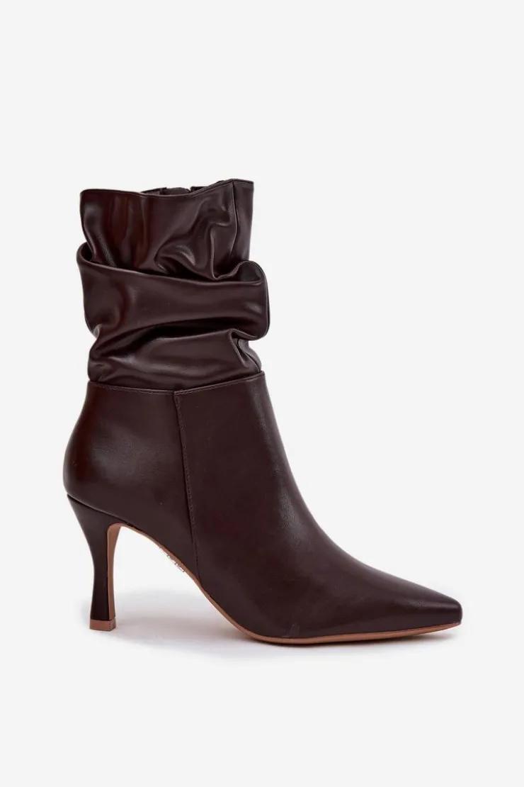 Damskie Boto Botki Damskie Na Szpilce Z Marszczoną Cholewką Zamek Czekoladowe Ulisse