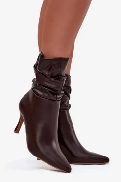 Damskie Boto Botki Damskie Na Szpilce Z Marszczoną Cholewką Zamek Czekoladowe Ulisse