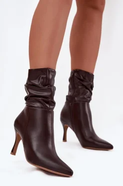Damskie Boto Botki Damskie Na Szpilce Z Marszczoną Cholewką Zamek Czekoladowe Ulisse