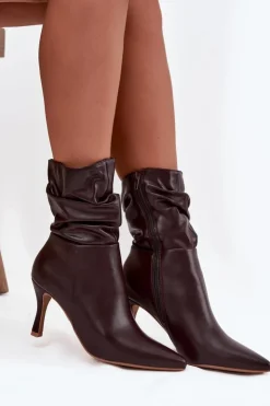 Damskie Boto Botki Damskie Na Szpilce Z Marszczoną Cholewką Zamek Czekoladowe Ulisse