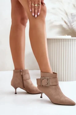 Damskie Boto Botki Damskie Na Szpilce Z Ozdobną Klamrą Beżowe Nirilis