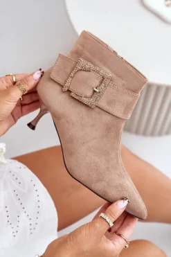 Damskie Boto Botki Damskie Na Szpilce Z Ozdobną Klamrą Beżowe Nirilis