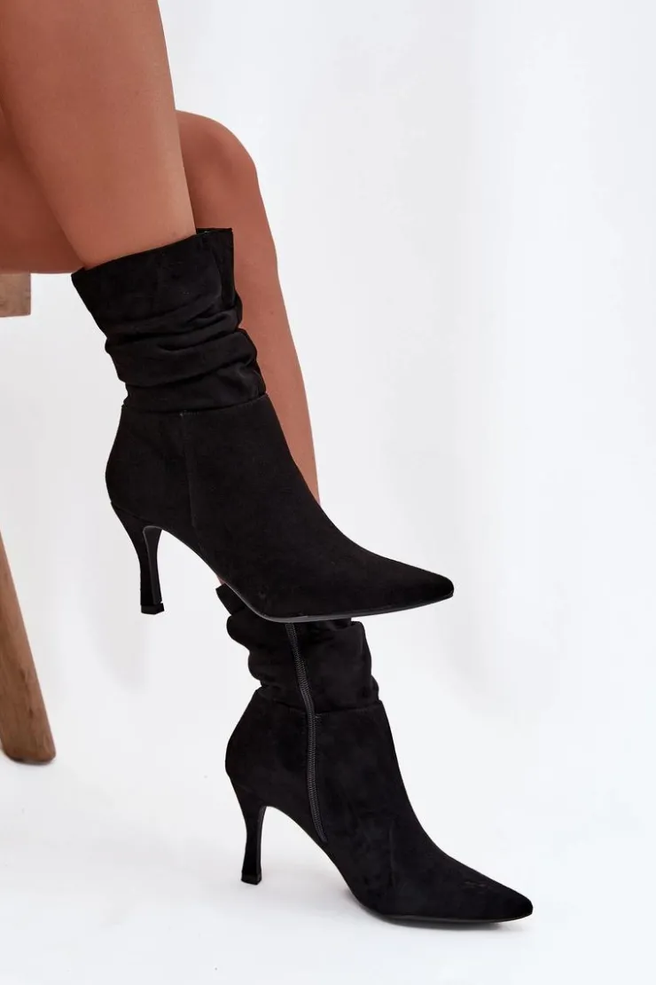 Boto Botki Na Obcasie*Botki Damskie Na Szpilce Z Marszczoną Cholewką Eko Zamszowe Zamek Czarne Ulisse Czarny