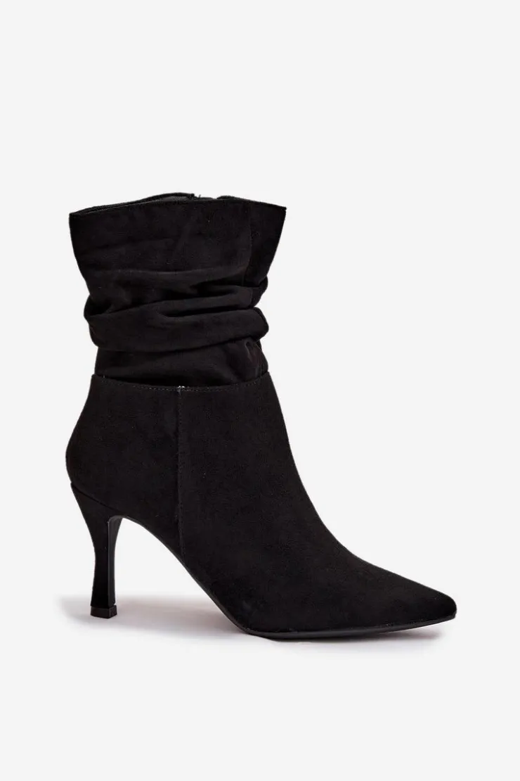 Boto Botki Na Obcasie*Botki Damskie Na Szpilce Z Marszczoną Cholewką Eko Zamszowe Zamek Czarne Ulisse Czarny