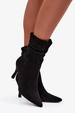 Boto Botki Na Obcasie*Botki Damskie Na Szpilce Z Marszczoną Cholewką Eko Zamszowe Zamek Czarne Ulisse Czarny