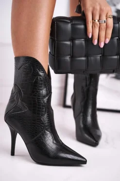 Boto Czarne Botki|Botki Zimowe Damskie*Botki Damskie Na Szpilce Kowbojki Czarne Estella