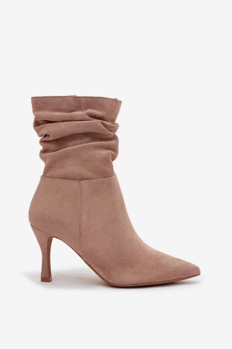 Damskie Boto Botki Damskie Na Szpilce Z Marszczoną Cholewką Eko Zamszowe Zamek Beżowe Ulisse